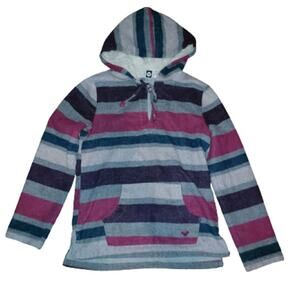 Roxy Women's XS Sherpa Lined Purple Pink Gray Striped Pullover Hoodie